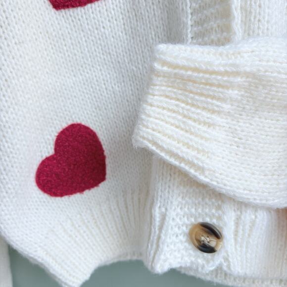 Chunky Knit Textured Heart Cardigan Sweater Button Front V-neck Cream Red S - Picture 4 of 7